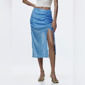 Zara SEQUIN MIDI SKIRT. Blue. Size S. New with Tags.